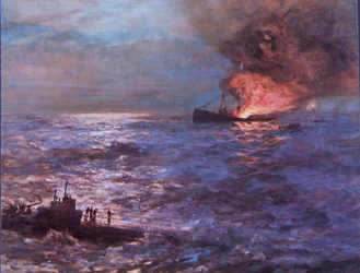 Buque mercante bombardeado por submarino alemán en la Segunda Guerra Mundial