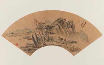 Paisaje pintado en abanico (tinta y color sobre papel dorado)
