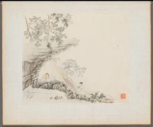 Álbum de pinturas de paisajes que ilustran viejos poemas: Un hombre yace bajo un saliente rocoso, 1700s