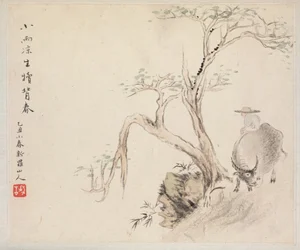 Álbum de pinturas de paisajes que ilustran antiguos poemas: Un hombre sentado en un búfalo de agua, 1700s