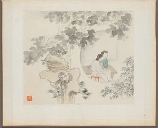 Álbum de pinturas de paisajes que ilustran viejos poemas: Dos mujeres sentadas en una mesa..., 1700s