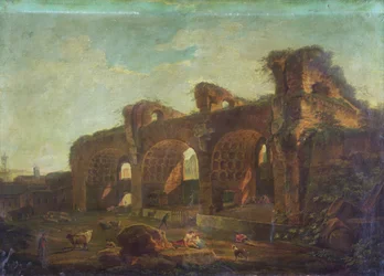 La Basílica de Majencio en el Foro Romano con Campesinos y Ganado en Primer Plano