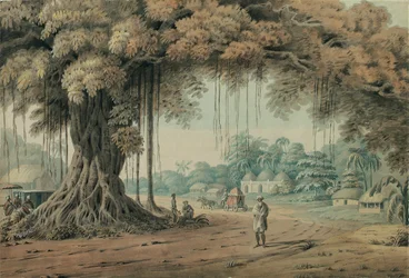 Portadores de palanquín y hombres santos descansando bajo un árbol de banyan en la entrada de un pueblo, Bengala