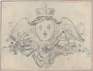 Armas del rey de Francia con alas e instrumentos científicos (grafito, incisión para transferencia sobre papel verjurado; depositada)