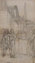 Ilustración literaria: Hombre con espada confrontando a un grupo de figuras frente a un edificio