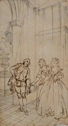 Ilustración literaria con caballero y dos damas en el interior