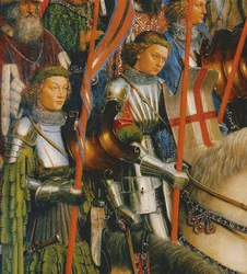 Detalle de Los caballeros de Cristo, del lado izquierdo del Retablo de Gante