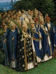 Detalle de la Adoración del Cordero Místico, del Retablo de Gante, mitad inferior del panel central