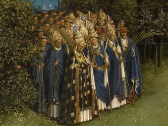 Detalle de la Adoración del Cordero Místico, de la tabla central del Retablo de Gante (óleo sobre tabla)