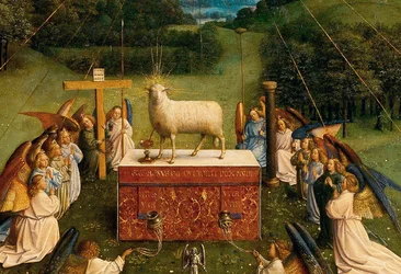 La Adoración del Cordero Místico, del Retablo de Gante, detalle de la mitad inferior del panel central