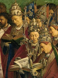 La Adoración del Cordero Místico, del Retablo de Gante, detalle de la mitad inferior del panel central