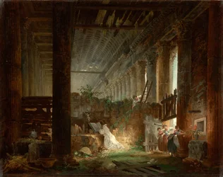 Un ermitaño rezando entre las ruinas de un templo romano, hacia 1760