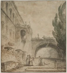 Un palacio con un puente arqueado Una villa romana, 1760