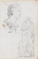 Busto de una mujer romana y estatua de un hombre romano