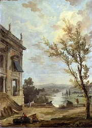 Paisaje italianizante caprichoso con el Palazzo Nuovo del Capitolio y gente noble en una terraza, un río más allá