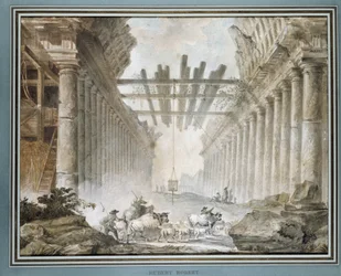 Rebaño en las ruinas de un templo de dibujo