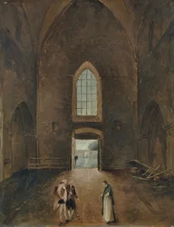 Hubert Robert y un aficionado visitan una tumba en una iglesia