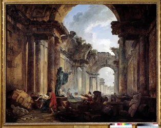 Vista imaginaria de la Gran Galería del Louvre en ruinas, pintura de Hubert Robert (1733-1808), sol, 1,14 x 1,46 m