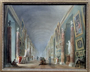 La Gran Galería del Louvre entre 1801 y 1805. Pintura de Hubert Robert (1733-1808), 0,37 x 0,46, Museo del Louvre, París