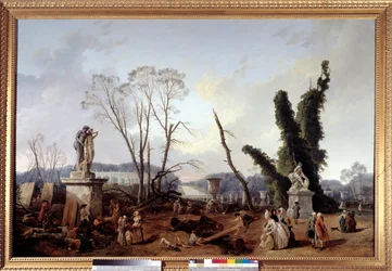 Le Carpet Vert en el momento de la tala de árboles en el invierno de 1774-1775 en los jardines de Versalles (en primer plano, el Rey Luis XVI y la Reina María Antonieta). El tapiz verde también se llama la alameda real.