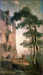 Los músicos. Una compañía de artistas formada por músicos y un domador de osos busca bajo el balcón de una casa de clase media. Pintura de Hubert Robert (1733-1808), óleo sobre lienzo, arte francés. Museo Estatal al Aire Libre Peterhof, San Petersburgo
