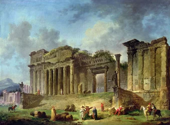 Hombre dibujando las ruinas de un templo clásico