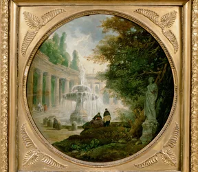 Parque con fuente (óleo sobre madera)