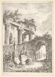Lámina 3: La estatua ante las ruinas: una estatua a la izquierda junto a tres figuras en un p..., ca. 1763-64