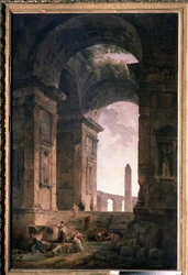 Ruinas con un obelisco. Pintura de Hubert Robert (1733-1808), óleo sobre lienzo