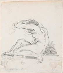 Desnudo masculino sentado con brazo sobre la cabeza, visto de lado