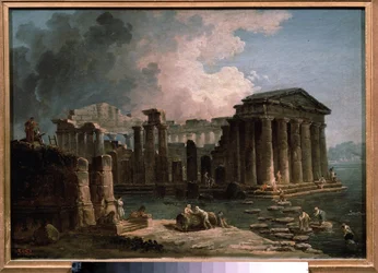Un templo rodeado de aguas. Pintura de Hubert Robert (1733-1808), óleo sobre lienzo, alrededor de 1780, arte francés. Estado A. Museo Pushkin de Bellas Artes, Moscú.