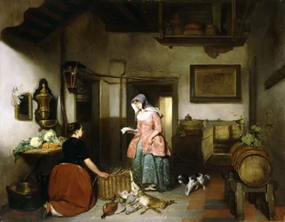 Interior de una despensa con mujeres limpiando caza