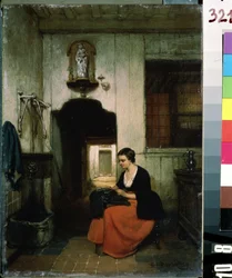 ""La brodeuse"" (La bordadora) Mujer joven haciendo labores de costura en un interior belga. Pintura de Hubertus van Hove (1814-1865) 1860 Museo de Arte Mikhail Kroshitsky, Sebastopol (Sebastopol) Ucrania