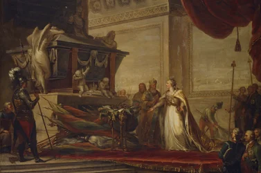 Catalina II colocando los trofeos de la Batalla de Chesma en la tumba de Pedro el Grande, 1791