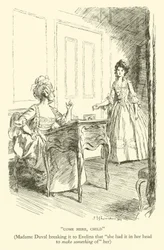 Ven aquí, niña, Madame Duval diciéndole a Evelina que "tenía en mente hacer algo de ella" (grabado)