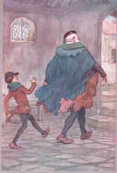 Salen Falstaff y Robin, ilustración de Las Alegres Comadres de Windsor, 1910