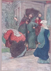 ¡Fuera de mi puerta, bruja!, ilustración de Las Alegres Comadres de Windsor, 1910