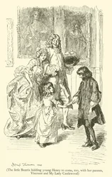 La pequeña Beatrix invitando al joven Henry a venir también, con sus padres, el Vizconde y Mi Lady Castlewood