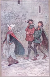 Cuando la Sra. Bridget perdió el mango de su abanico, ilustración de Las Alegres Comadres de Windsor, 1910