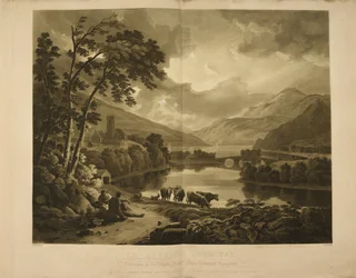 Ilustración que muestra una vista de Kenmore en Loch Tay, Escocia. Un paisaje de lagos y montañas en las Highlands.