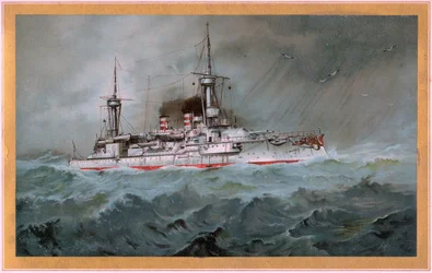 S.M.S. Linienschiff Brandenburg (escudo de armas águila roja en escudo blanco, S.M.S. Wörth = águila imperial negra en escudo dorado)