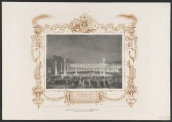 Fiesta nocturna para los estudiantes, 1836. El Partido de S.H. Students in the Garden de C. van Leeuwen / Tarde del 14 de junio de 1836 (título sobre el objeto) Placas de la celebración del segundo centenario de la Utrechtsche Hogeschool, 1836 (título de l