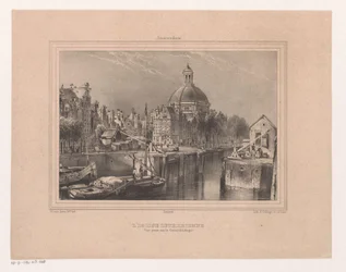 Gezicht op de Stromarkt, het Singel en de Lutherse kerk La Iglesia Luterana. Vista tomada en el Canal (conocido como Singel) (título sobre objeto) Recuerdo de Ámsterdam Ocho Vistas dibujadas y litografiadas del natural por H. van Hove Bz. (título de la ser