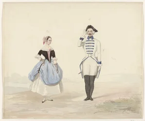Hombre y mujer con traje histórico, 1841 Seis acuarelas de trajes históricos para el baile de disfraces de 1841 (título de la serie)