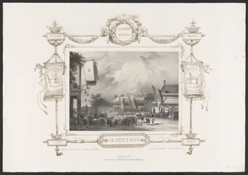 Procesión con una imprenta, 1836 Optogt van eene working Drukkerij / 15 de junio de 1836 (título sobre el objeto) Placas de la celebración del segundo centenario de la Utrechtsche Hogeschool, 1836 (título de la serie)