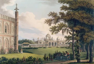 Pabellón de Brighton mostrando jardines, grabado por Joseph Constantine Stadler