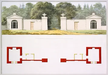 Elevación y planos de planta de la nueva entrada propuesta y pabellones, del Libro Rojo para Antony House, c.1812
