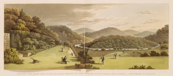 Vista general de las fachadas sur y este de la casa de campo de Endsleigh, Devon (antes), de Fragments on the Theory and Practice of Landscape Gardening, publicado en 1816