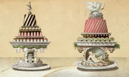 Diseño para la presentación de Charlottes a la Reina y Pain de Framboises a la Leda, ilustración de un libro de cocina húngaro sobre cocina francesa, c.1880