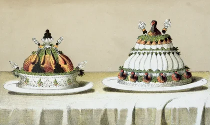 Diseño para la presentación de pollo relleno de foie gras y pechugas de faisán cocidas al estilo Berthold, ilustración de un libro de cocina húngaro sobre cocina francesa, c.1880